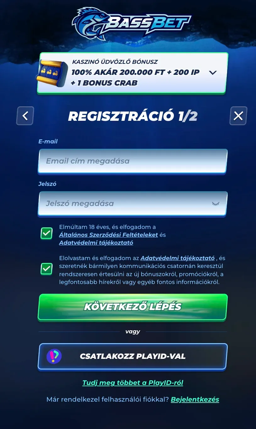 Bassbet kaszinó regisztrációs űrlap